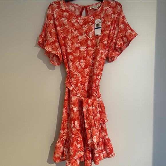 NWT Michael Kors Printed Tie-Waist Dress, Sangria Orange, Women's XL - Picture 3 of 8